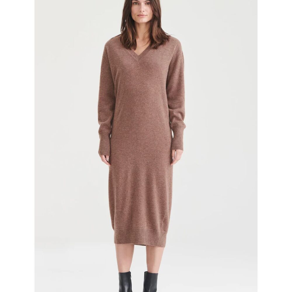 NAADAM‎ Signature Cashmere V-Neck Midi Dress Latte Brown Medium